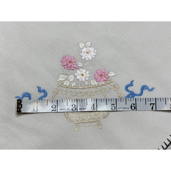 Vtg Handmade Embroidered Needlepoint Small Tablecloth Floral Ribbons Pink Blue 3 - Picture 4 of 12